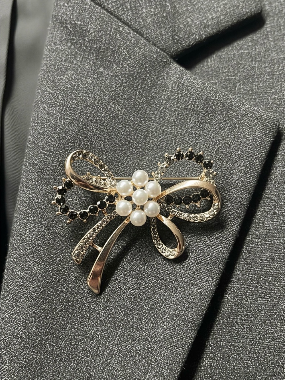 Gold Bow Brooch with Black Stones and Pearl Cluster